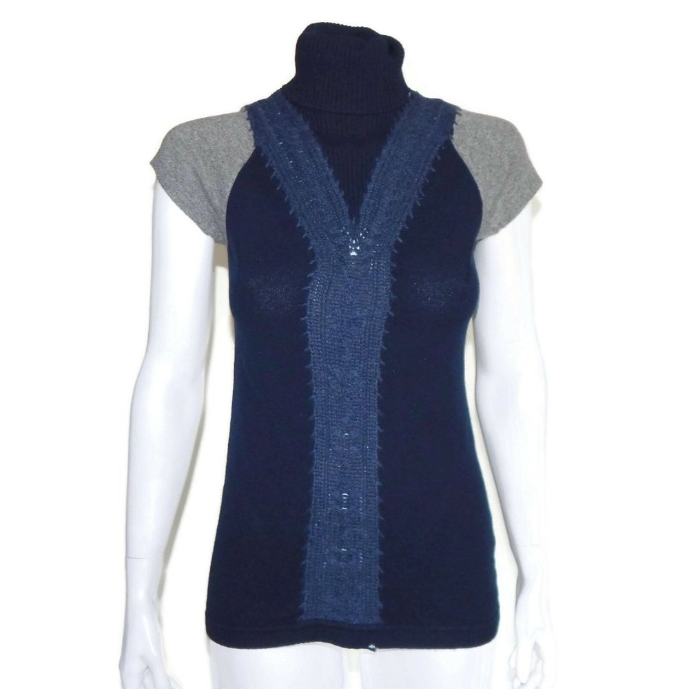 WHIM CASHMERE Patchwork Blue Cable Knit Short Sleeve Sweater Small (blemish) 337